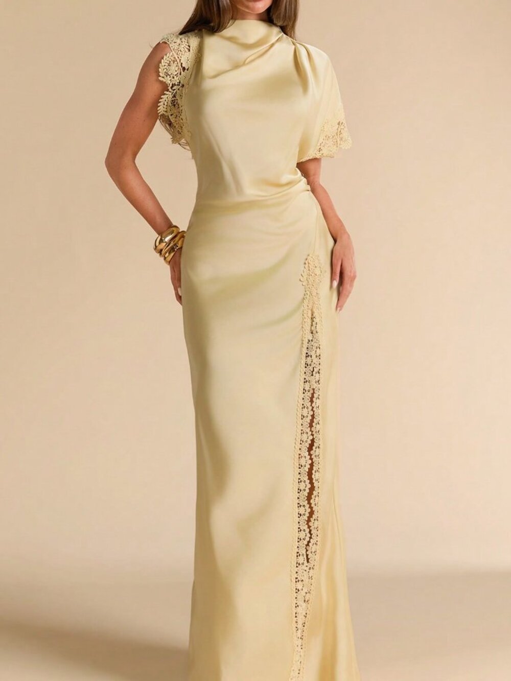 Yellow Casual Women's Mock Neck Contrast Lace Button Split Thigh Maxi Dress